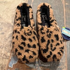 Toms Alpargata Leopard Tan and Black Fuzzy Slip-ons